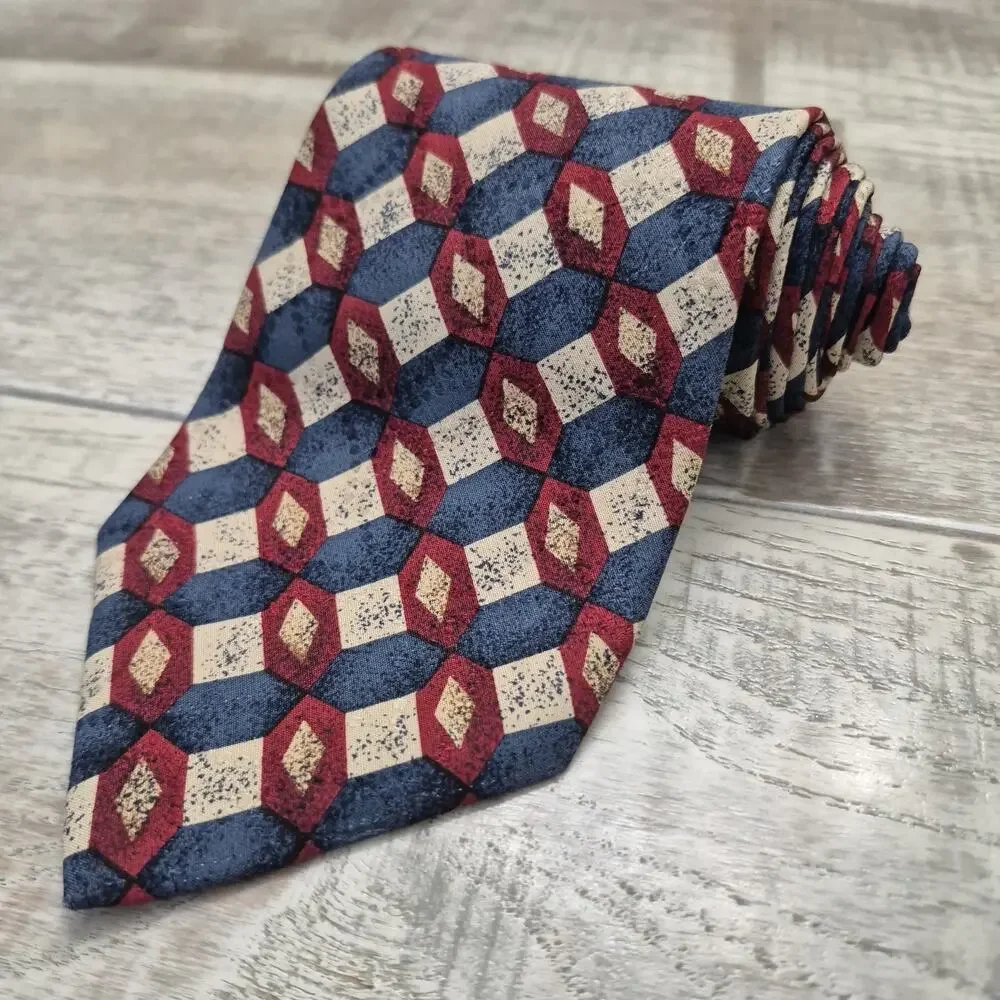 GIVENCHY Monsieur Necktie 100% SILK Blue Red Beige Geometric MADE IN ITALY Y2K